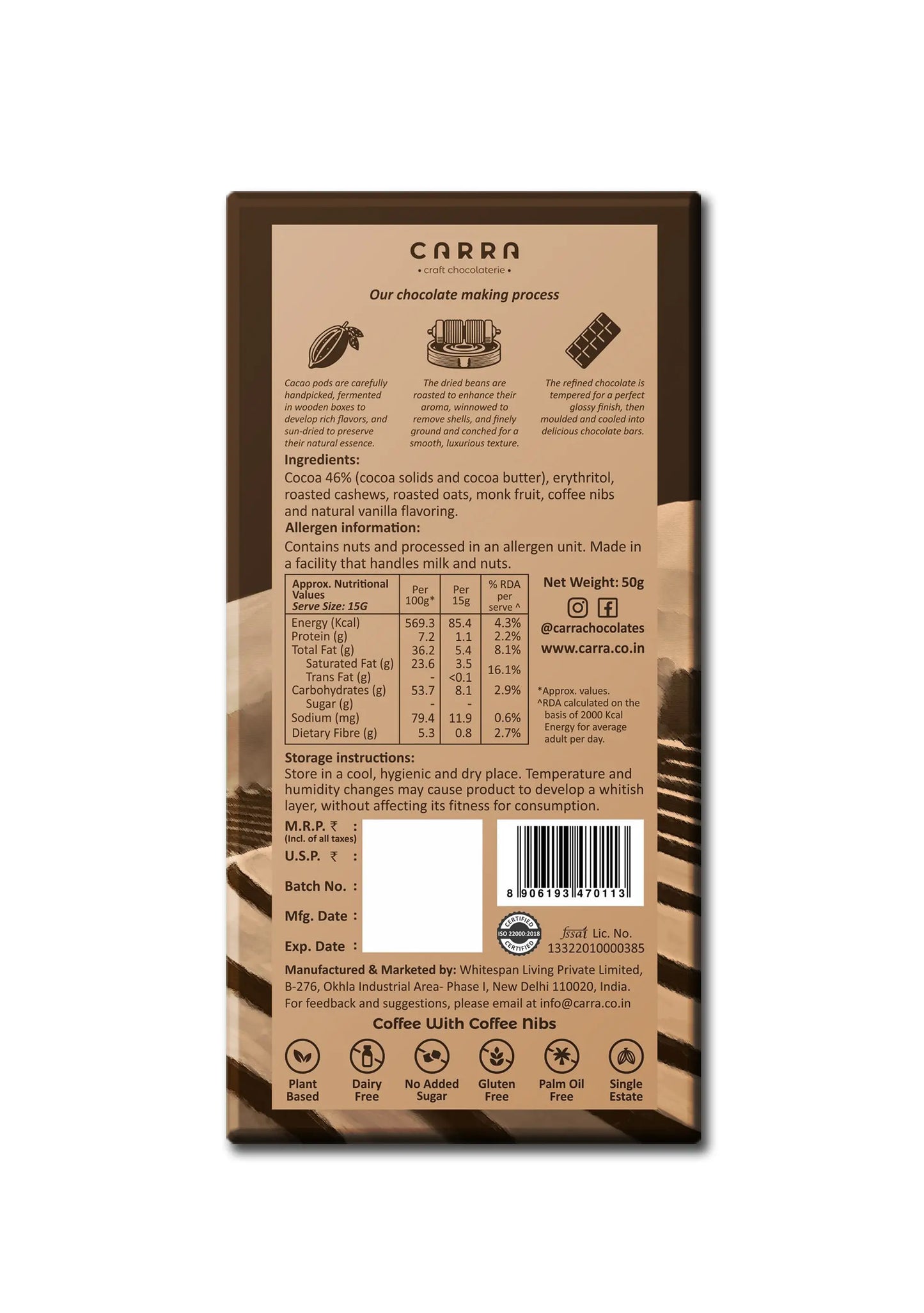CARRA Coffee with coffee nibs in Plant Based Milk Chocolate 50G