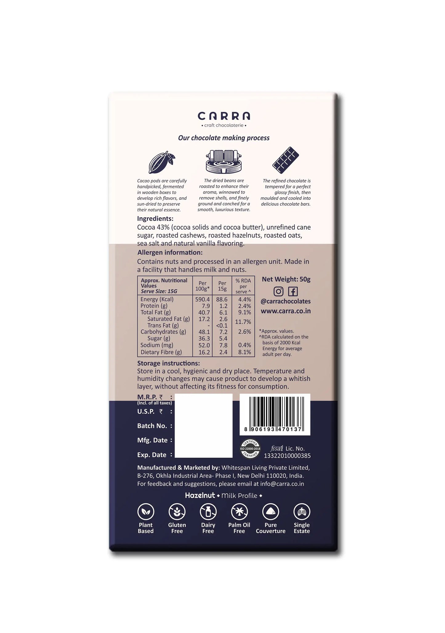 CARRA Hazelnut in Plant Based Milk Chocolate 50G