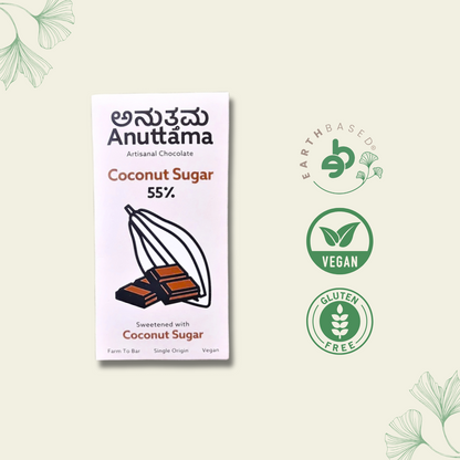 Dark Chocolate Coconut Sugar 55% Cocoa 50 gm | Sugar Free | Jaggery Sweetened | Gluten Free | Handmade Chocolate | Vegan | Natural Chocolate Bar | by Anuttama