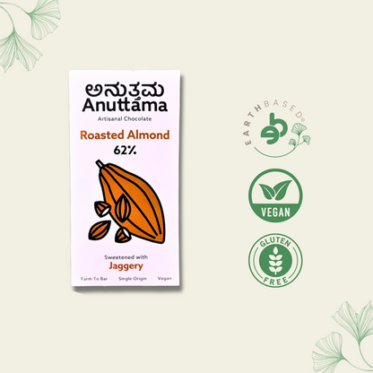 Anuttama | Roasted Almond Chocolate | 62% Cocoa , Gifts Box, Vegan Chocolate, Gift Hamper, Sugar Free, No Artificial Flavours, Lectin Free, Natural Chocolate Bar