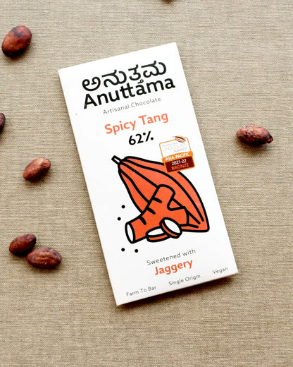 Best Vegan Dark Chocolate | ANUTTAMA | 62% Cocoa | Combo Pack of 2 | Spicy Tang Bar | Gluten Free | Natural Chocolate | Sugar Free | Jaggery Sweetened | Dried Ginger & Pepper | Handmade Chocolates Bar | earthbased.in | 01