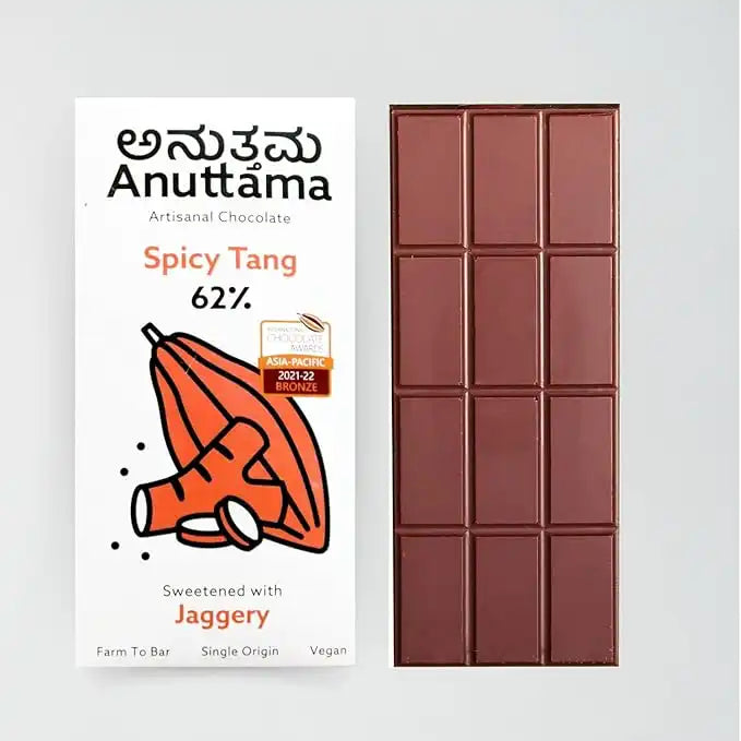 ANUTTAMA Dark Chocolate 62% Cocoa | Combo Pack of 2 | Spicy Tang Bar | Gluten Free | Natural Chocolate | Sugar Free | Jaggery Sweetened | Dried Ginger & Pepper | Handmade Chocolates Bar | earthbased.in | 02