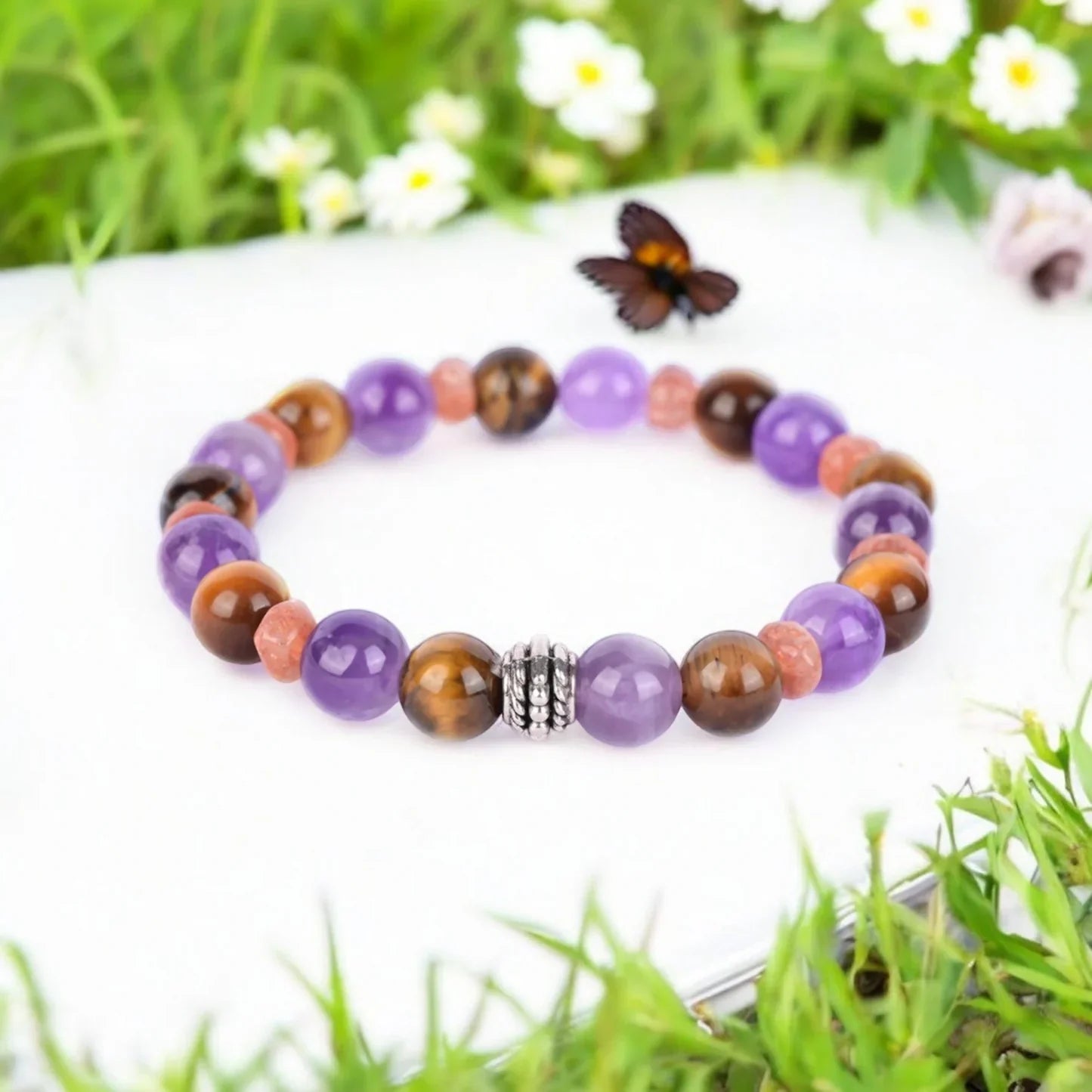 Amethyst, Tiger's Eye, and Sunstone Healing Bracelet for Calm, Confidence, and Vitality