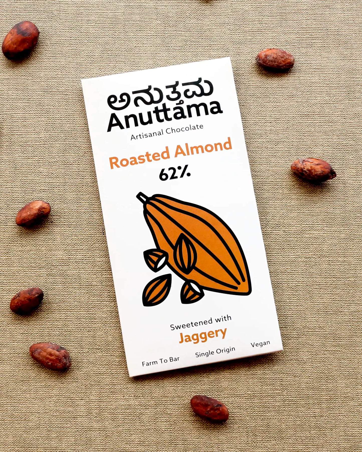 Anuttama Roasted Almond Chocolate | 62% Cocoa , Best Vegan Chocolate, Sugar Free, No Artificial Flavours, Lectin Free, Natural Chocolate Bar (2X50Gm Pack Of-2) | earthbased.in | 01