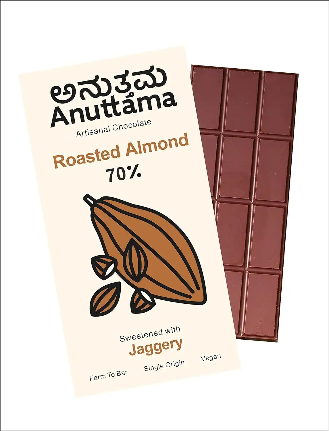 Anuttama Roasted Almond Chocolate | 62% Cocoa , Best Vegan Chocolate, Sugar Free, No Artificial Flavours, Lectin Free, Natural Chocolate Bar (2X50Gm Pack Of-2) | earthbased.in | 02