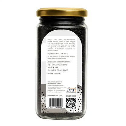 Ecotyl Basil Seeds | Sabja Seeds | Rich in Omega-3 & Fibre | Detox & Hydrate | 250g