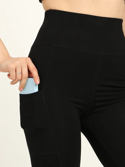 Yoga Pants High Waist Cotton Fabric Stretchable Black Gym Tights | Pack Of 1