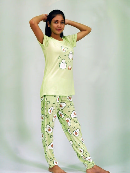 Best Night Wear-Avocado Print T-shirt & Pant Night Dress in Lettuce Green | Playout | earthbased.in | 02