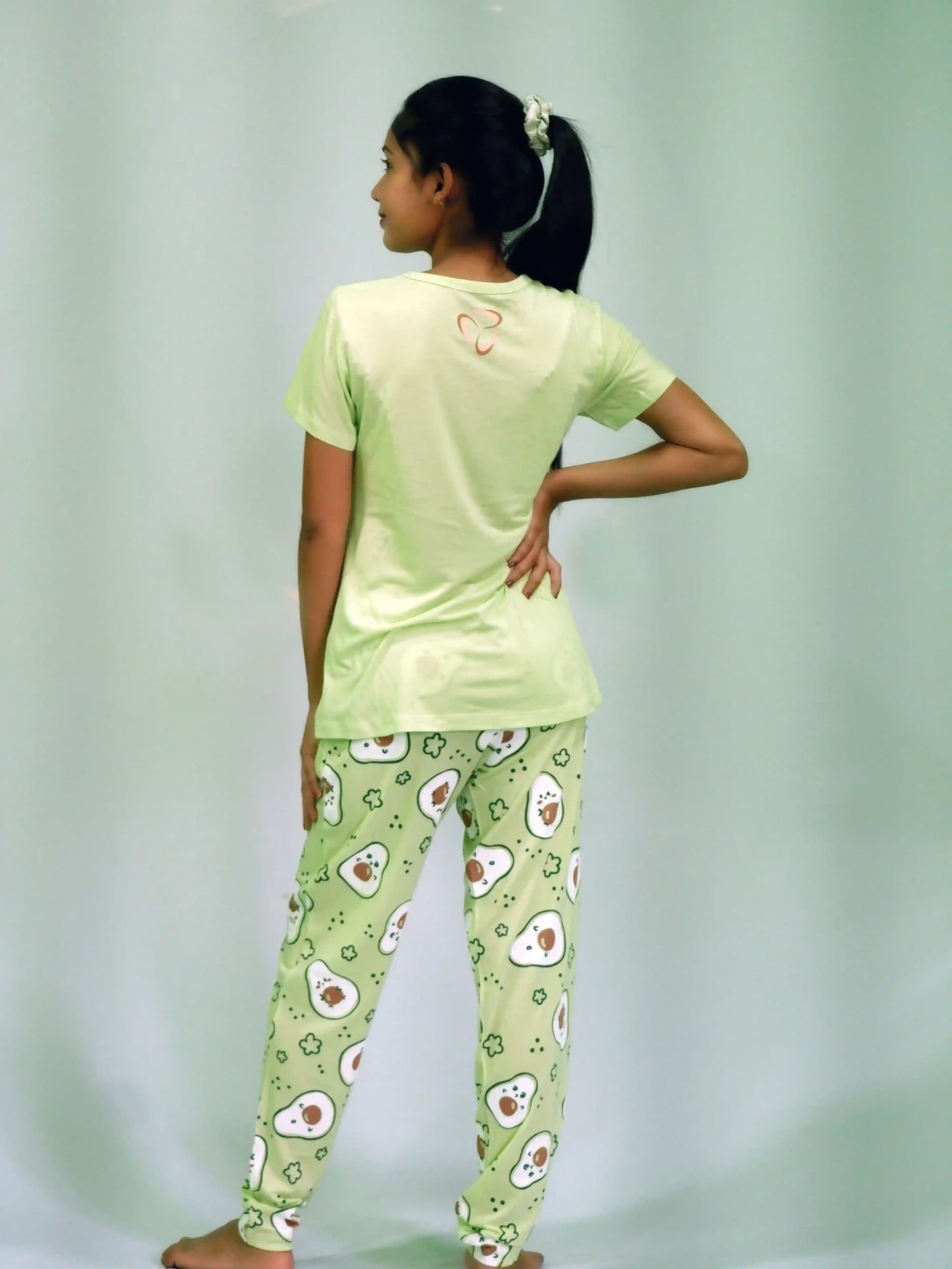 Best Night Wear-Avocado Print T-shirt & Pant Night Dress in Lettuce Green | Playout | earthbased.in | 03