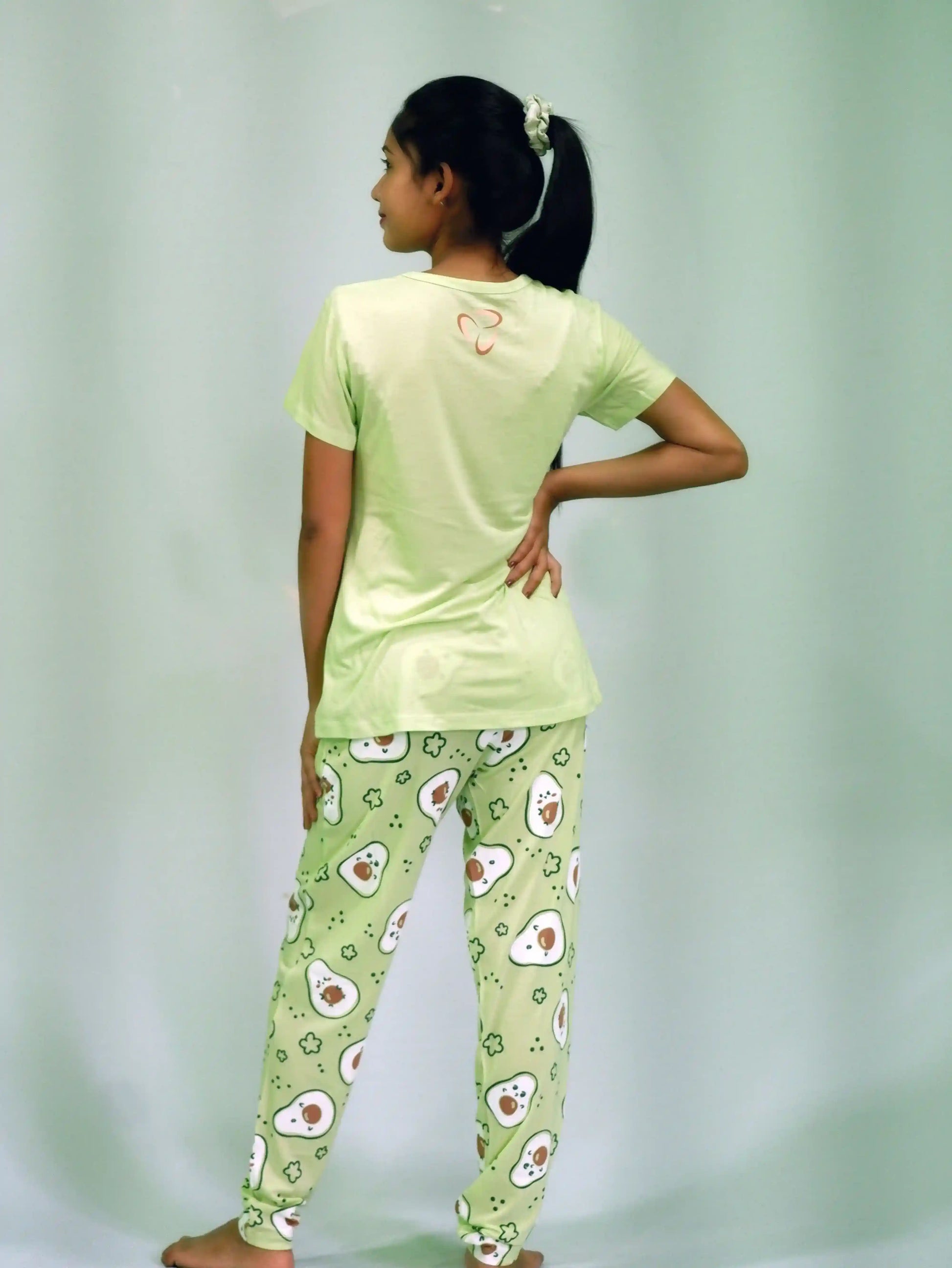 Best Night Wear-Avocado Print T-shirt & Pant Night Dress in Lettuce Green | Playout | earthbased.in | 03