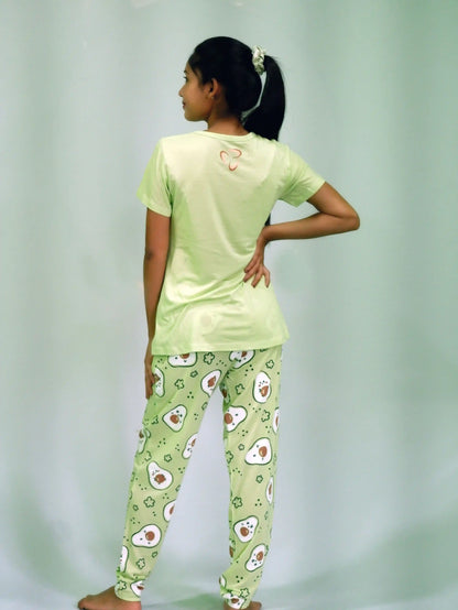Best Night Wear-Avocado Print T-shirt & Pant Night Dress in Lettuce Green | Playout | earthbased.in | 03
