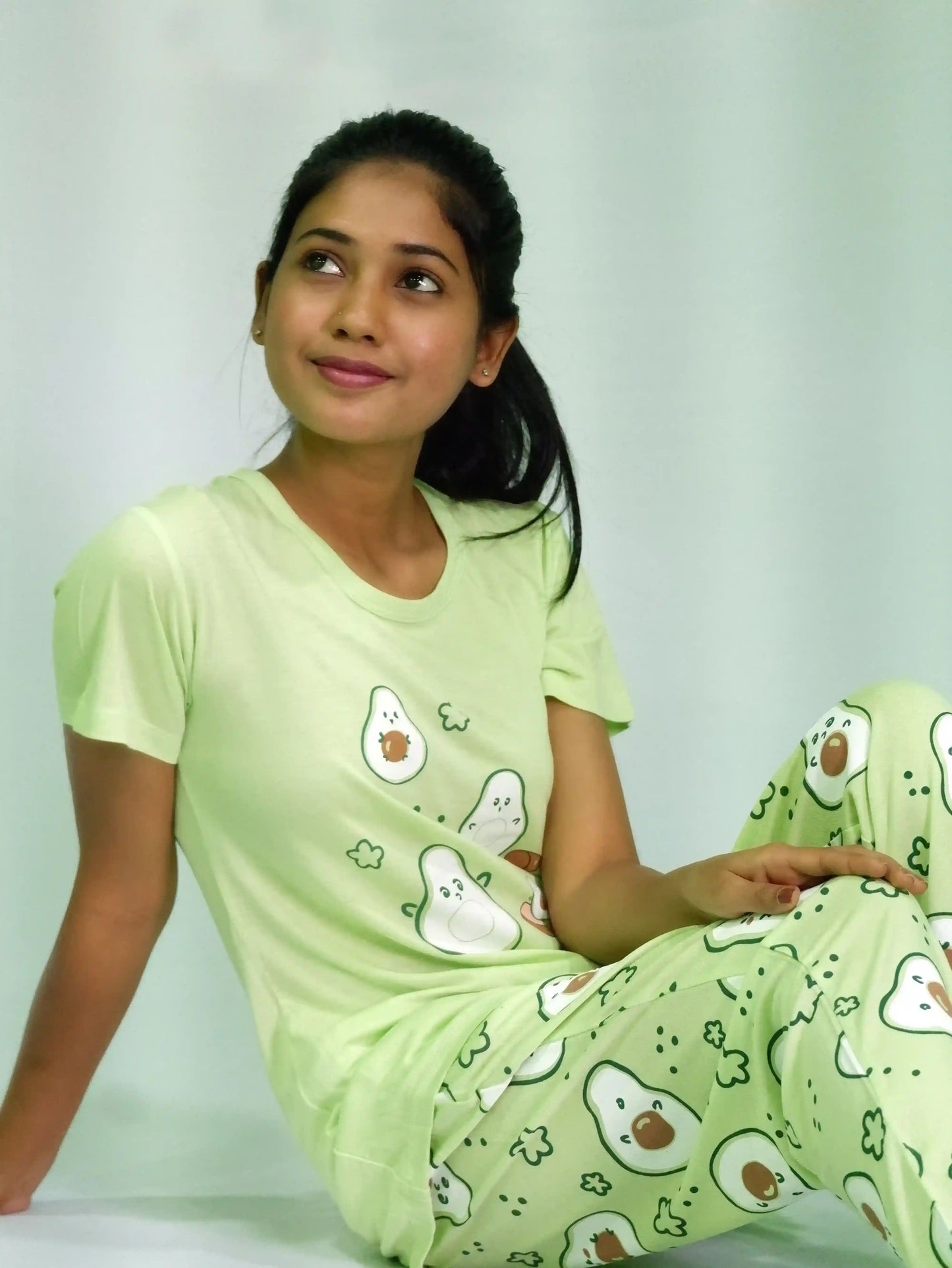 Best Night Wear-Avocado Print T-shirt & Pant Night Dress in Lettuce Green | Playout | earthbased.in | 04