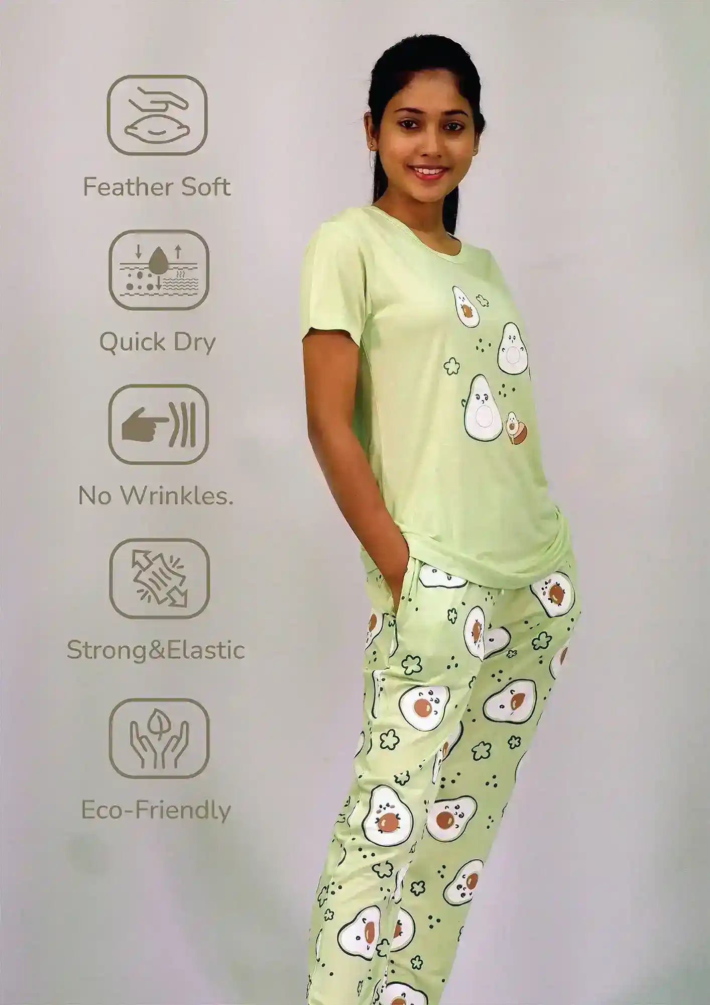 Best Night Wear-Avocado Print T-shirt & Pant Night Dress in Lettuce Green | Playout | earthbased.in | 05