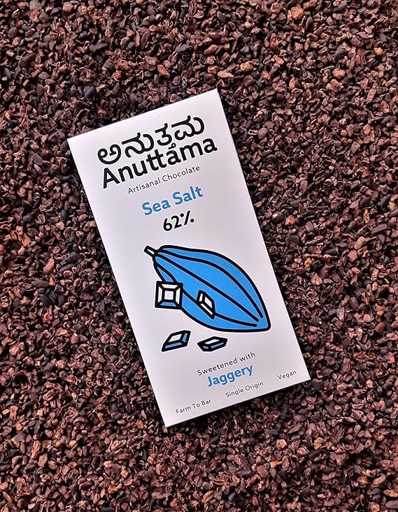 Best Vegan Dark Chocolate | 62% Cocoa | Gift Pack Diwali Gift | Sea Salt | Natural Jaggery Sweetened | Handmade Chocolate | No Preservatives | Vegan | Natural Chocolate Bar 50 gm (Pack of 1) | ANUTTAMA  | earthbased.in | 03