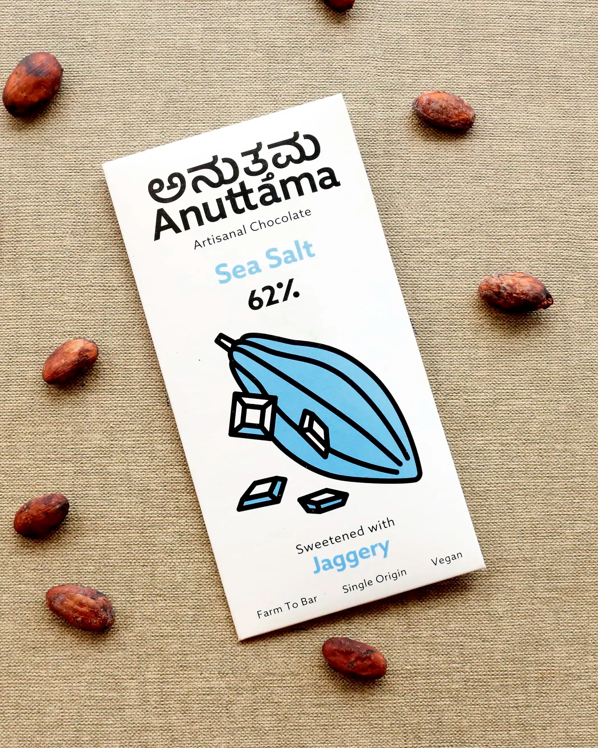 Best Vegan Dark Chocolate | 62% Cocoa | Gift Pack Diwali Gift | Sea Salt | Natural Jaggery Sweetened | Handmade Chocolate | No Preservatives | Vegan | Natural Chocolate Bar 50 gm (Pack of 1) | ANUTTAMA  | earthbased.in | 01