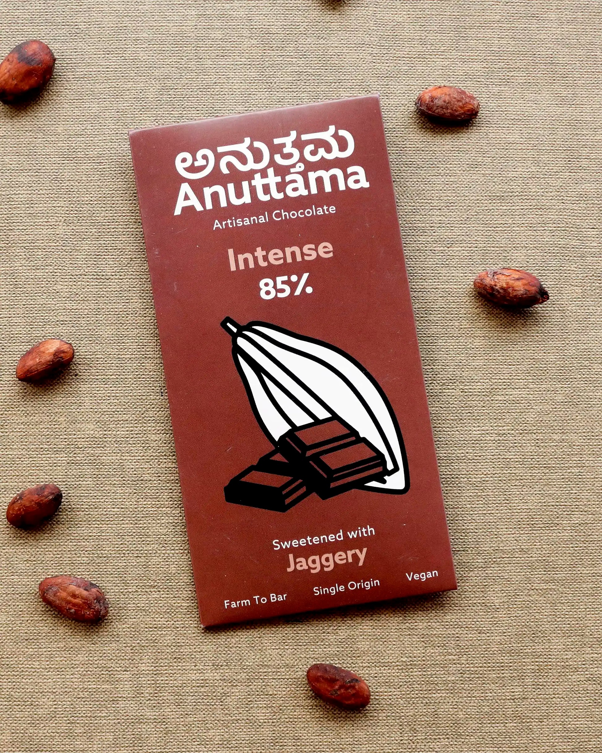 Dark Chocolate | 85% Dark with Cocoa (Ultimate Bitter) Natural Jaggery Sweetened | Handmade Chocolate | Sugar Free | Vegan | Natural Chocolate Bar | Packof 2 by Anuttama | earthbased.in
