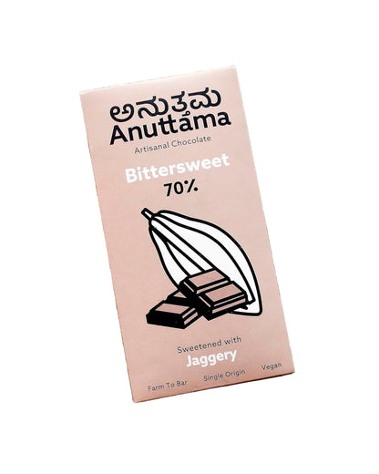 Dark Chocolate Bar | 70% Cocoa | Natural Jaggery Sweetened | Handmade Chocolate | Dark Chocolate Sugar Free | Vegan Chocolate | Natural Chocolate Bar | Packof 2 by Anuttama | earthbased.in | 01