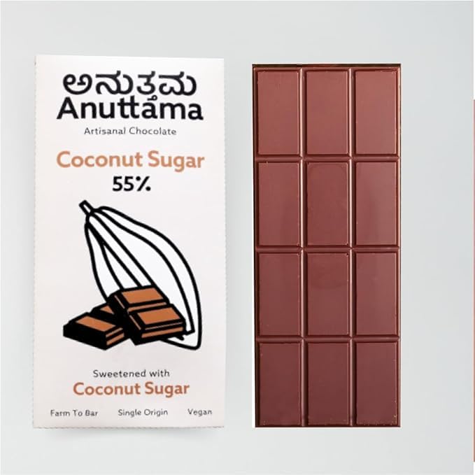 Dark Chocolate Coconut_Sugar 55% Cocoa 50 gm | Sugar Free | Jaggery Sweetened | Gluten Free | Handmade Chocolate | Vegan | Natural Chocolate Bar | Packof 2 by Anuttama | earthbased.in | 01