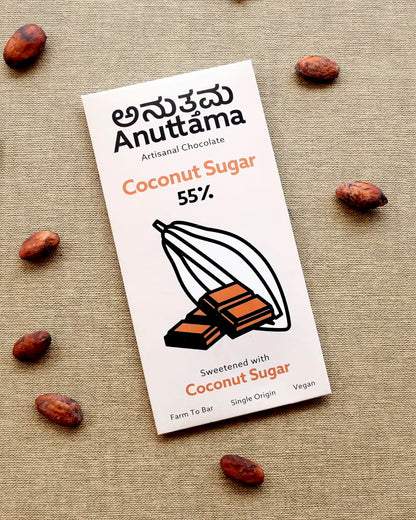 Dark Chocolate Coconut_Sugar 55% Cocoa 50 gm | Sugar Free | Jaggery Sweetened | Gluten Free | Handmade Chocolate | Vegan | Natural Chocolate Bar | Packof 2 by Anuttama | earthbased.in | 02