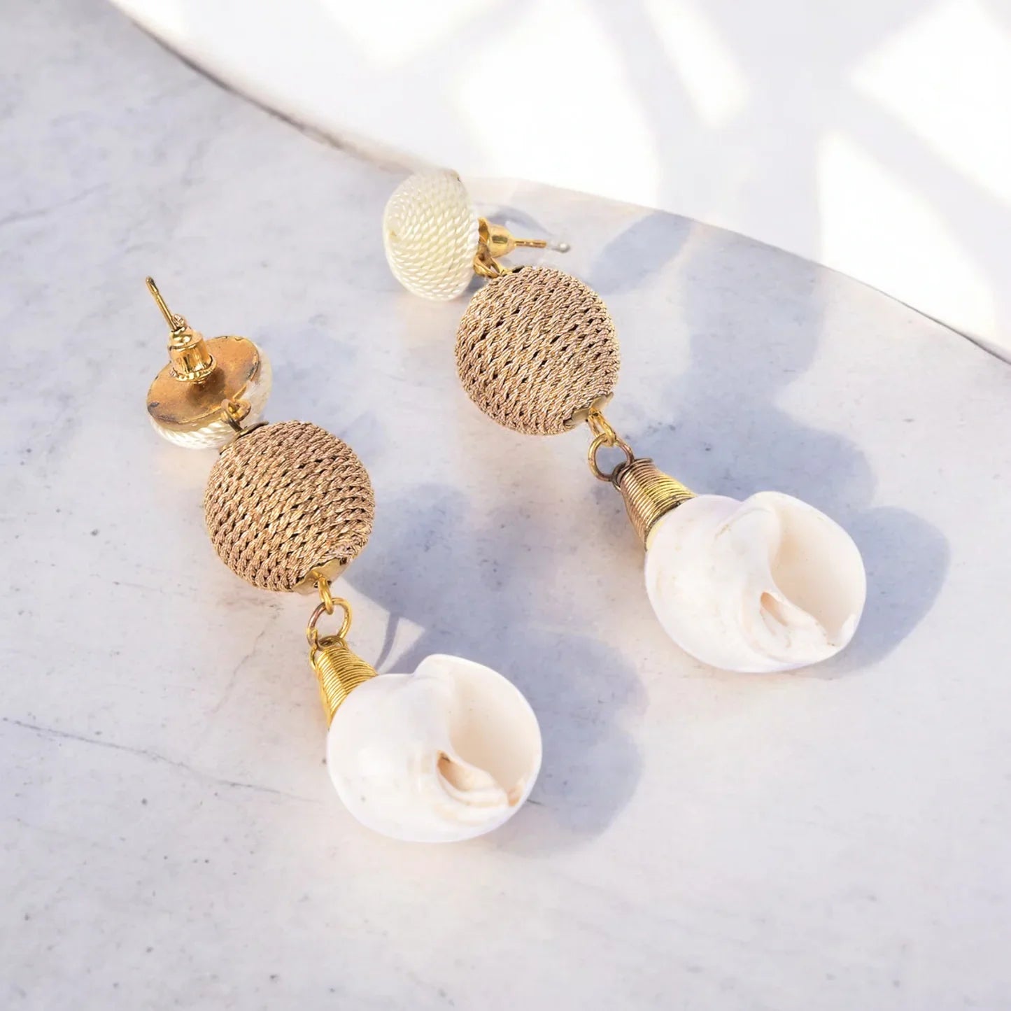 Elegant Shell Drop Earrings with Twisted Gold Bead Accents – Coastal Chic Jewellery