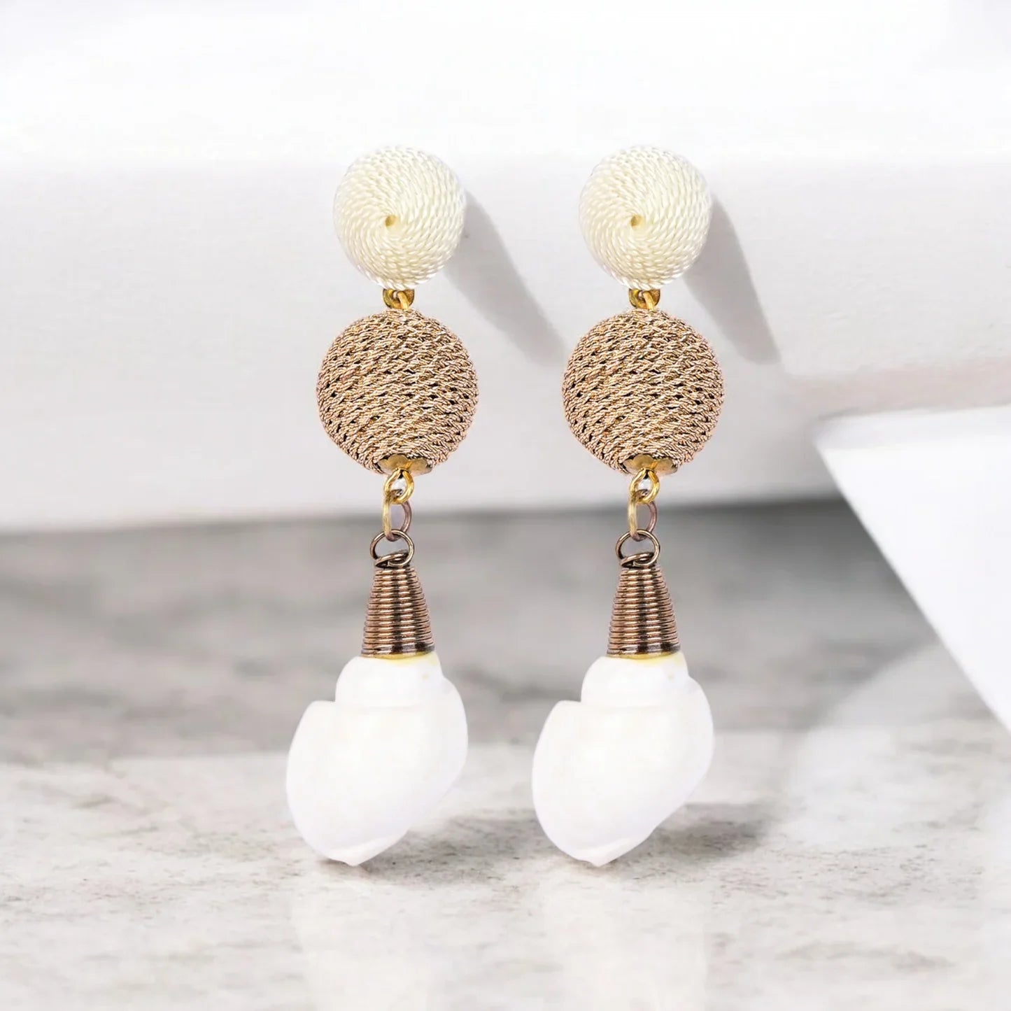 Elegant Shell Drop Earrings with Twisted Gold Bead Accents – Coastal Chic Jewellery