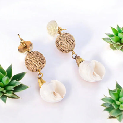 Elegant Shell Drop Earrings with Twisted Gold Bead Accents – Coastal Chic Jewellery