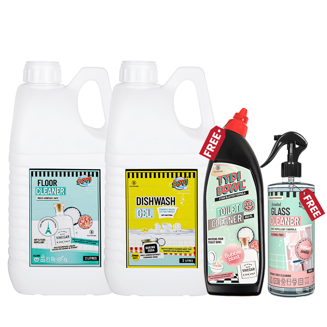SOVI® Floor Cleaner 2L, SOVI® Dishwash Liquid 2L - Get TYDIBOWL® Toilet Cleaner ₹189 & SOVI® Glass Cleaner ₹149 FREE