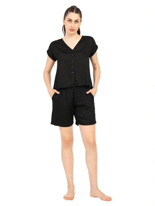 Women’s Modal Satin Night Suit – 2PC Soft Shirt & Shorts Sleepwear | Black
