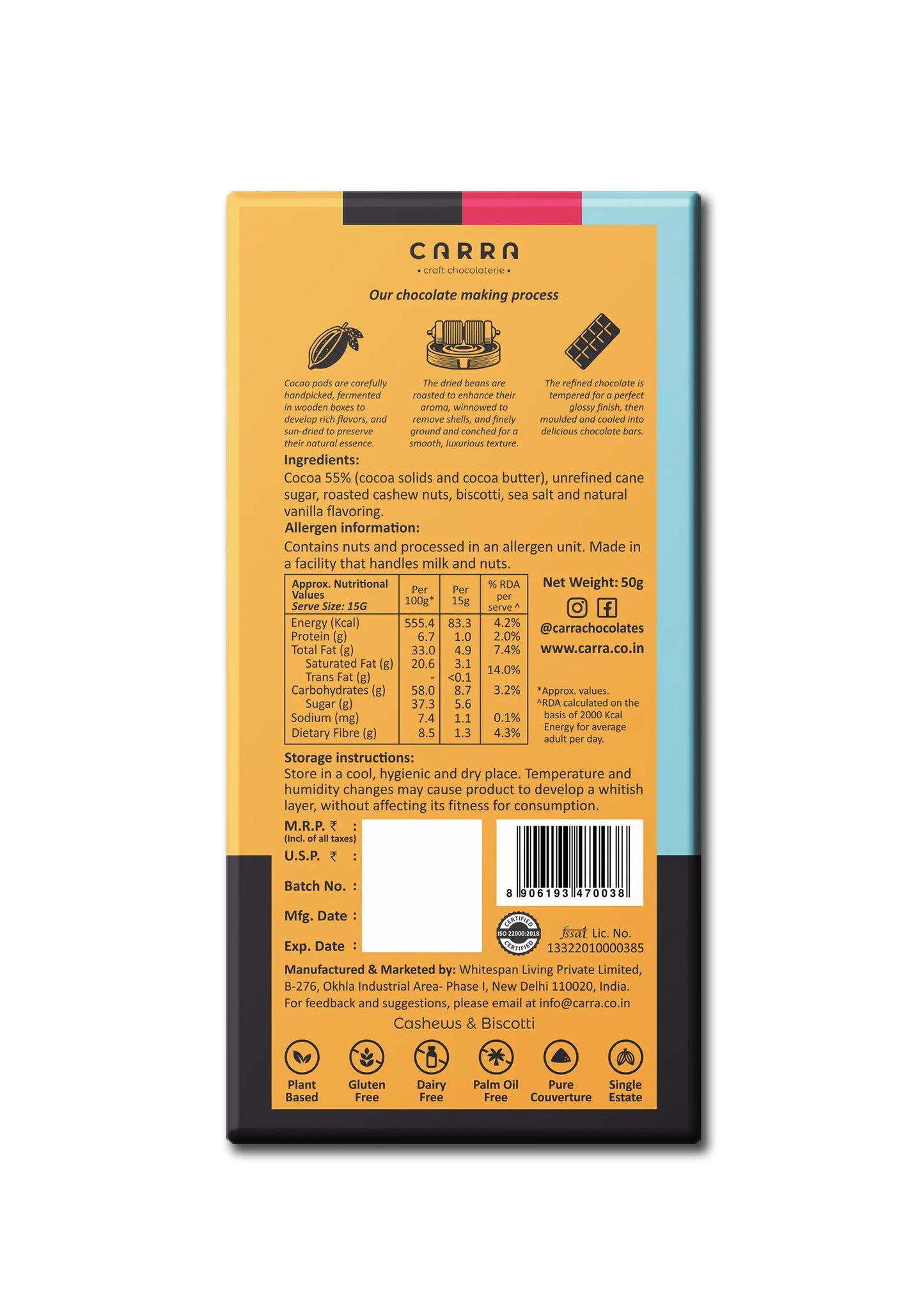 CARRA Cashews & Biscotti in 55% Dark Chocolate 50G