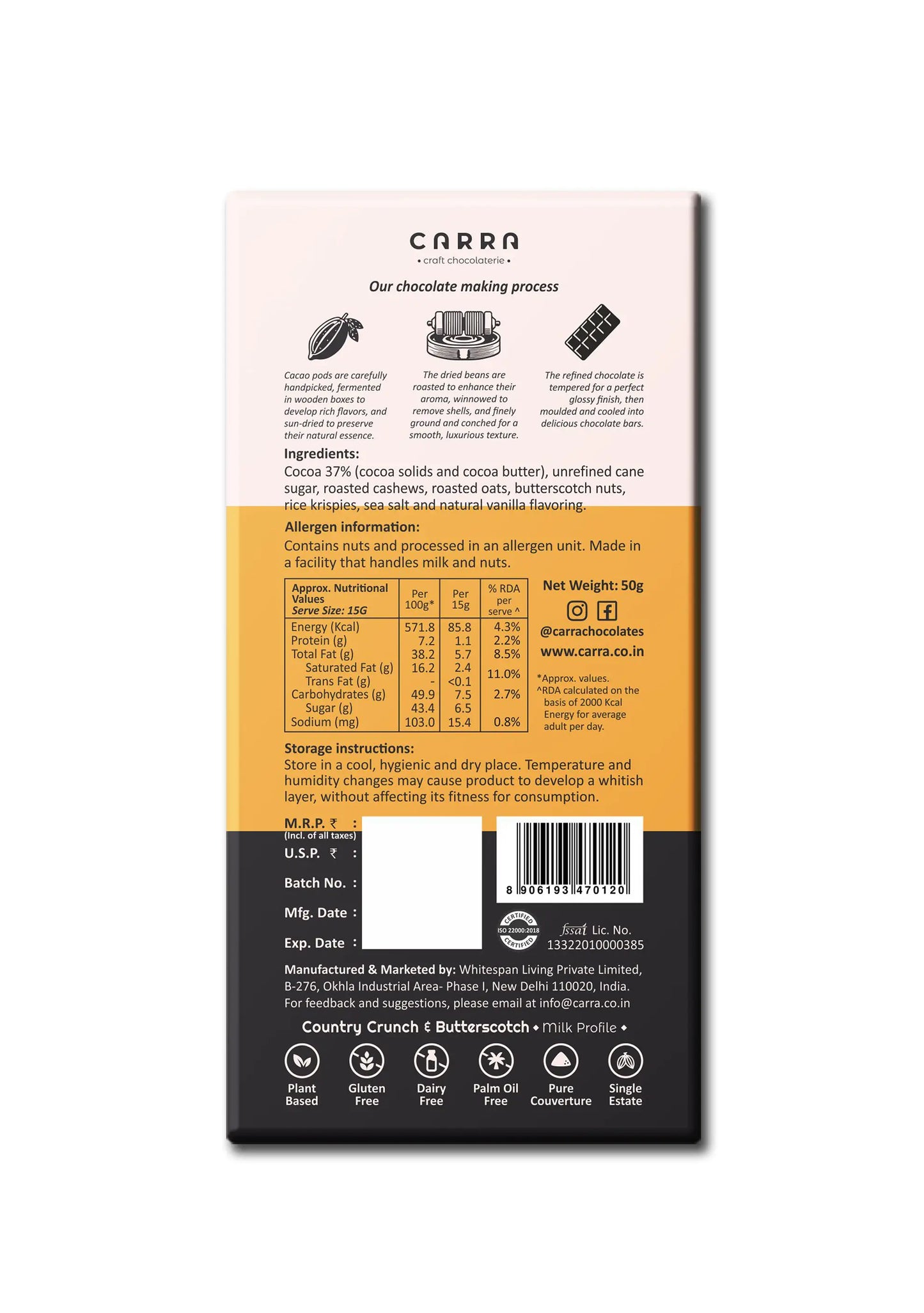 CARRA Country Crunch & Butterscotch in Plant Based Milk Chocolate 50G