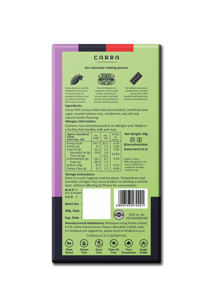 CARRA Cashews & Cranberries in 55% Dark Chocolate 50G