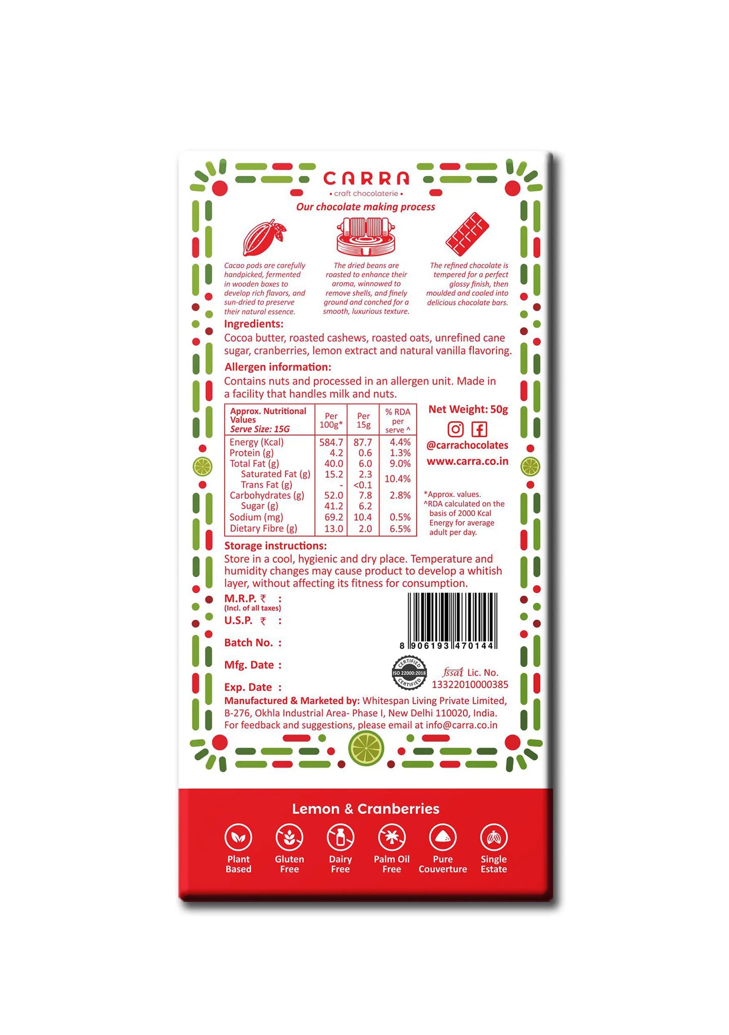 CARRA Lemon & Cranberries in Plant Based White Chocolate 50G
