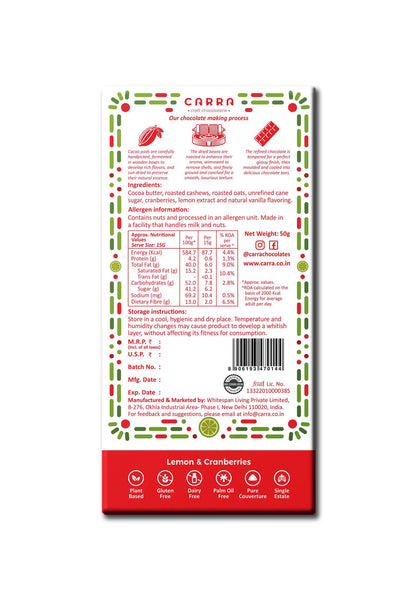 CARRA Lemon & Cranberries in Plant Based White Chocolate 50G