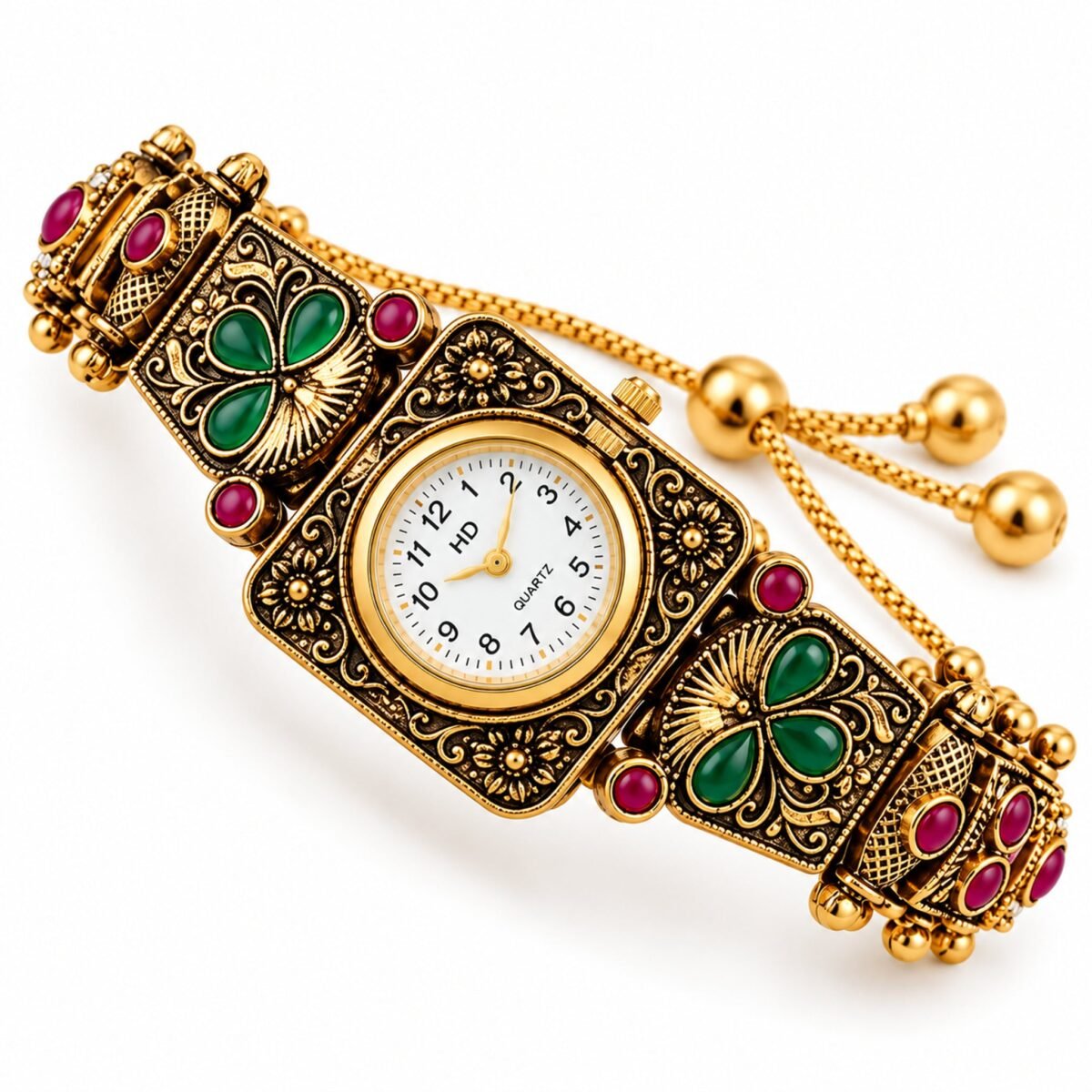 Kashmiri Antique Square Bracelet Watch with carved antique-gold case