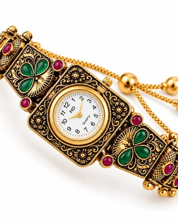 Kashmiri Antique Square Bracelet Watch with carved antique-gold case