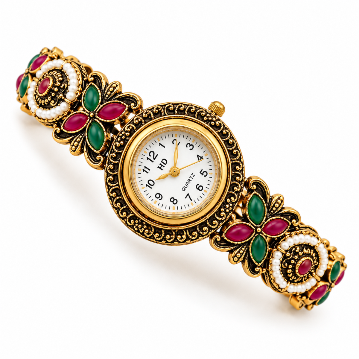Kashmiri Antique Floral Bracelet Watch with ruby-red and green flower links
