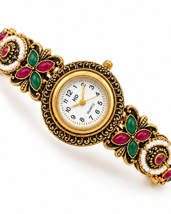 Kashmiri Antique Floral Bracelet Watch with ruby-red and green flower links