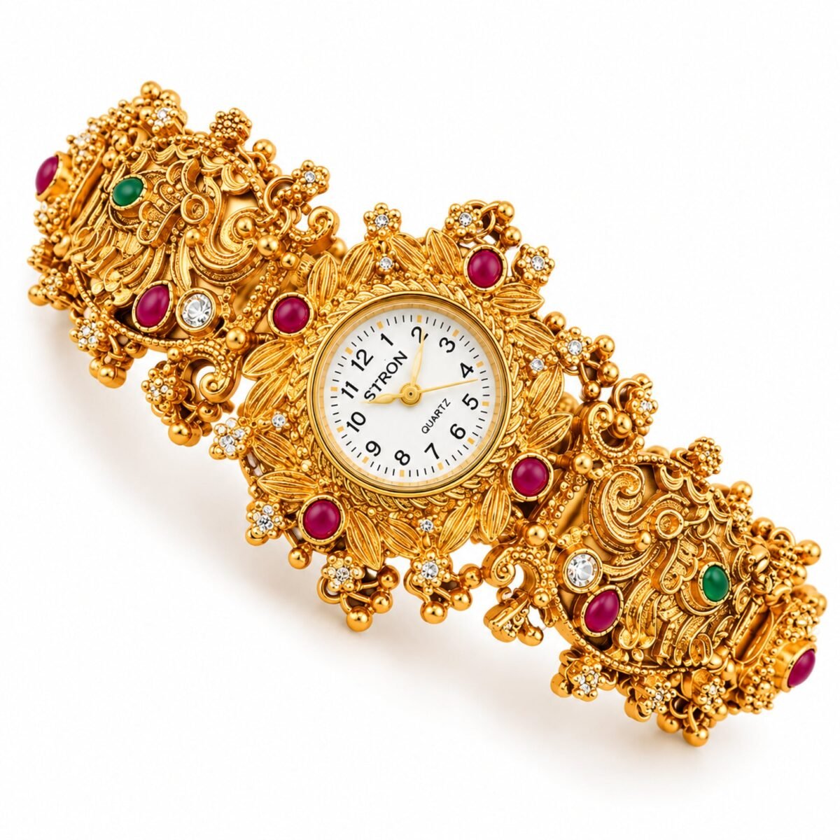 Kashmiri Temple Gold Bracelet Watch with ruby-red and green stones
