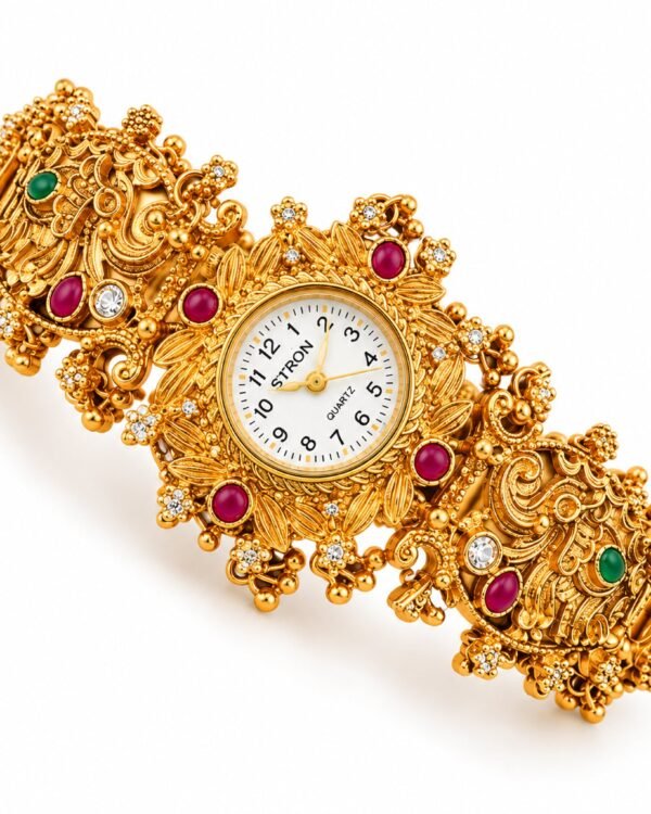 Kashmiri Temple Gold Bracelet Watch with ruby-red and green stones