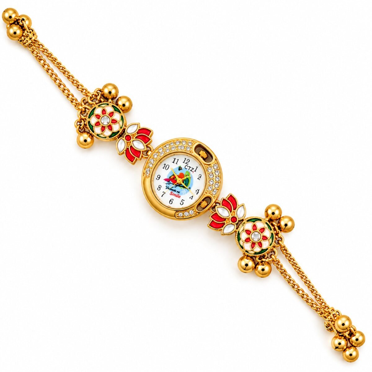 Kashmiri Meenakari Lotus Bracelet Watch with bird-print dial