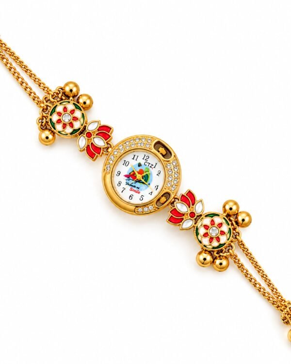 Kashmiri Meenakari Lotus Bracelet Watch with bird-print dial