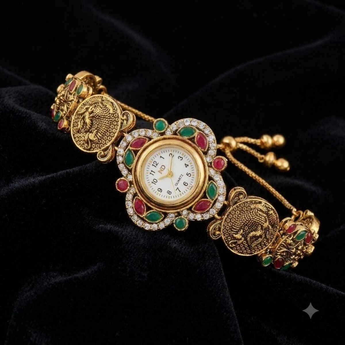 Kashmiri Peacock Coin Bracelet Watch on black velvet