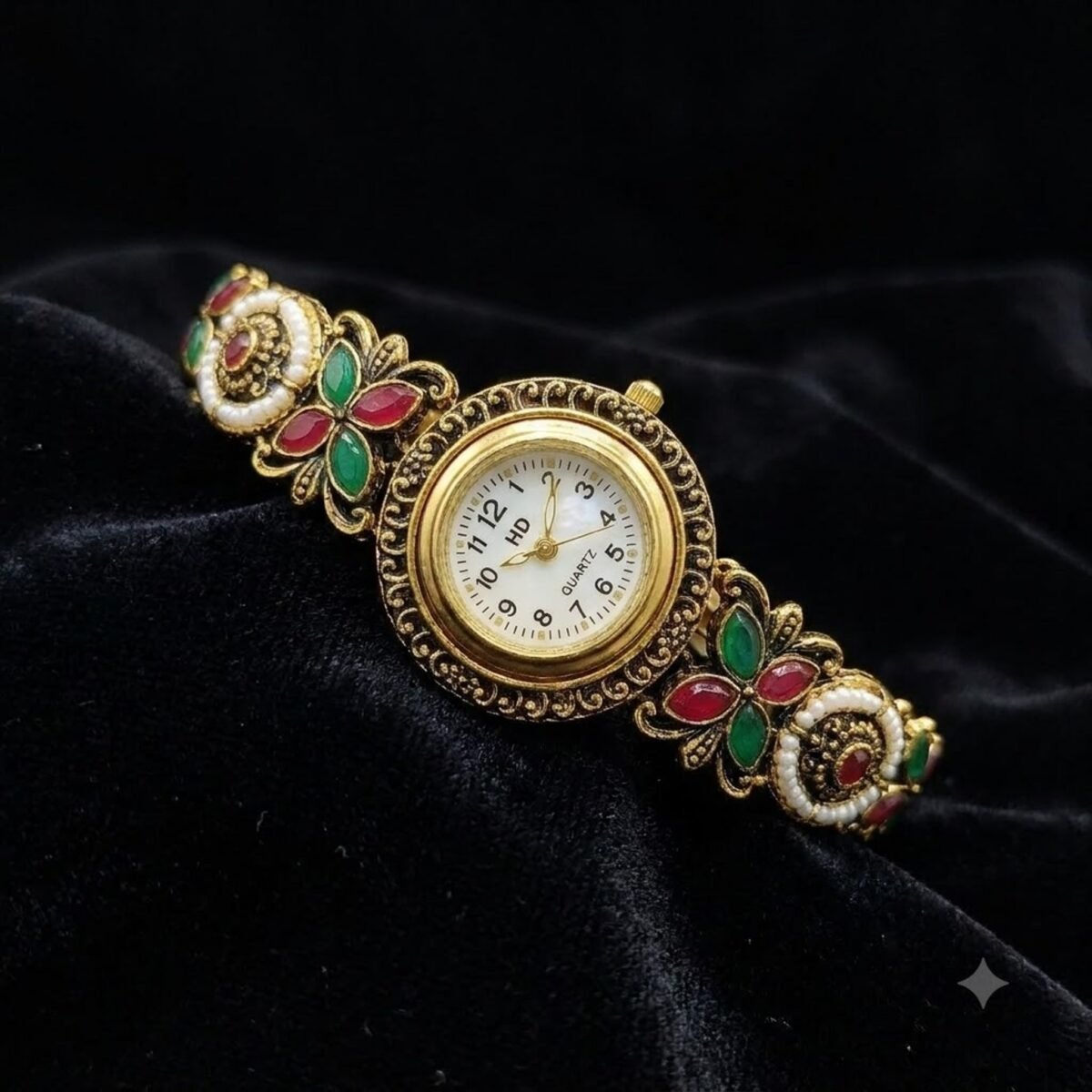 Kashmiri Antique Floral Bracelet Watch on black velvet