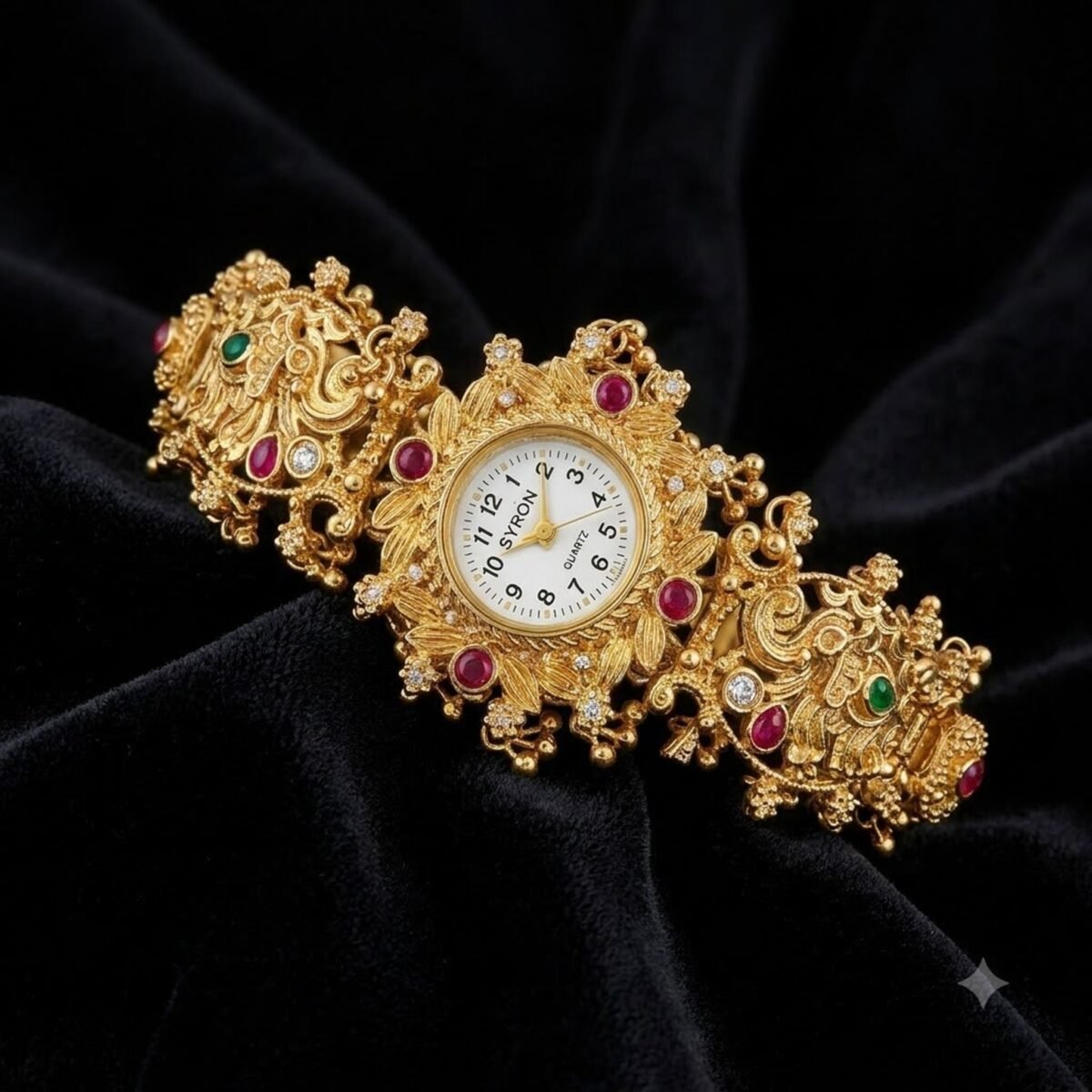 Kashmiri Temple Gold Bracelet Watch on black velvet