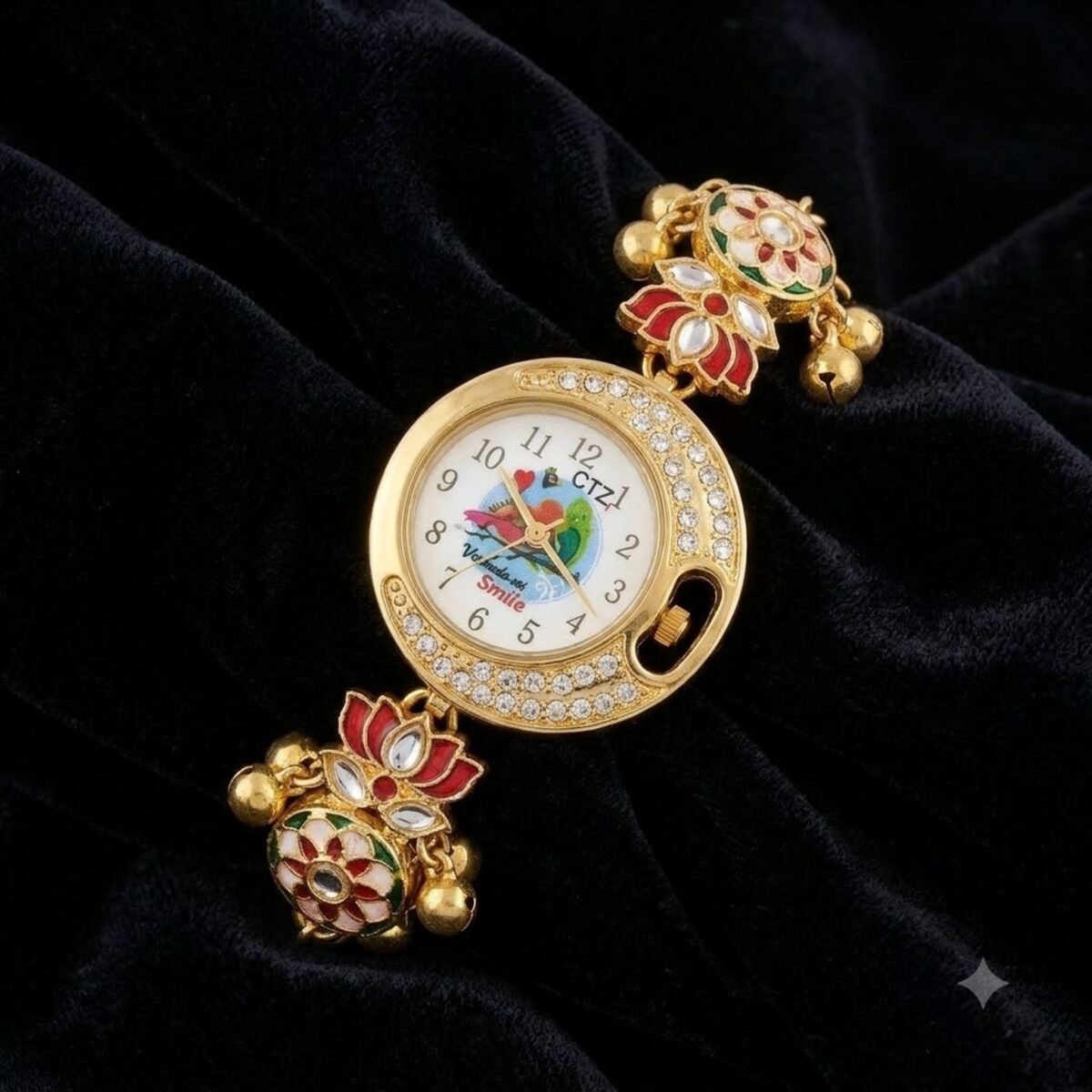 Kashmiri Meenakari Lotus Bracelet Watch on black velvet